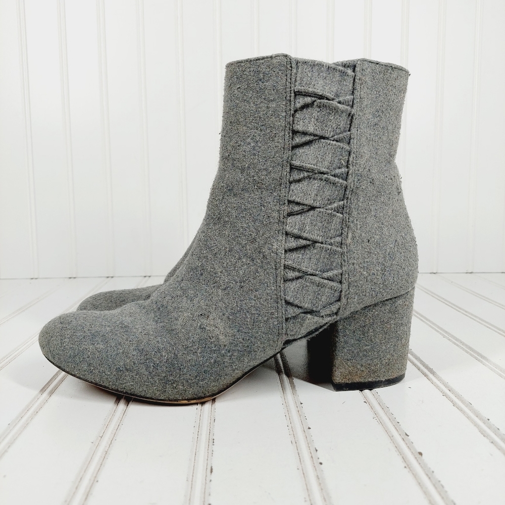 Nine West Qualner Grey Fabric Round Toe Block Heel Ankle Boots H897